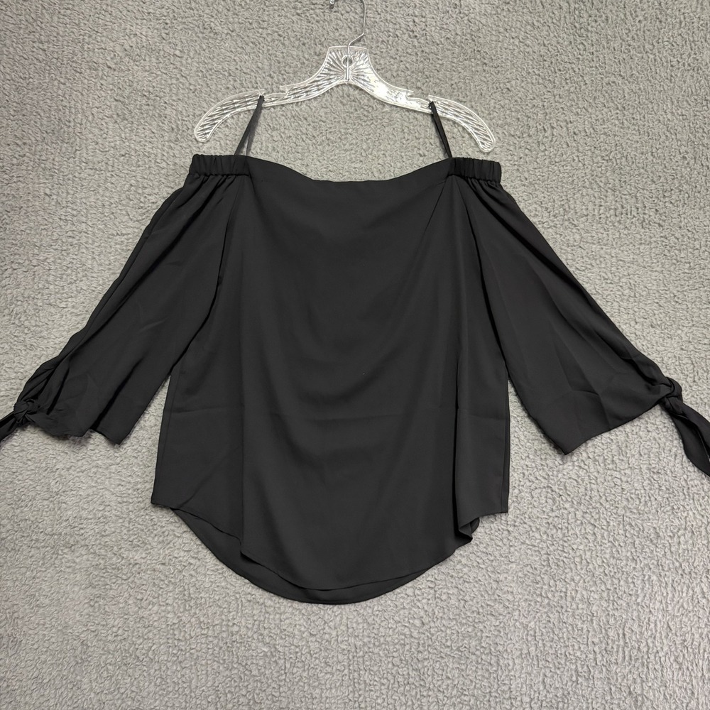 Chico's Women's Petite 1 Small Black Off Shoulder Tie Cuff Blouse Top